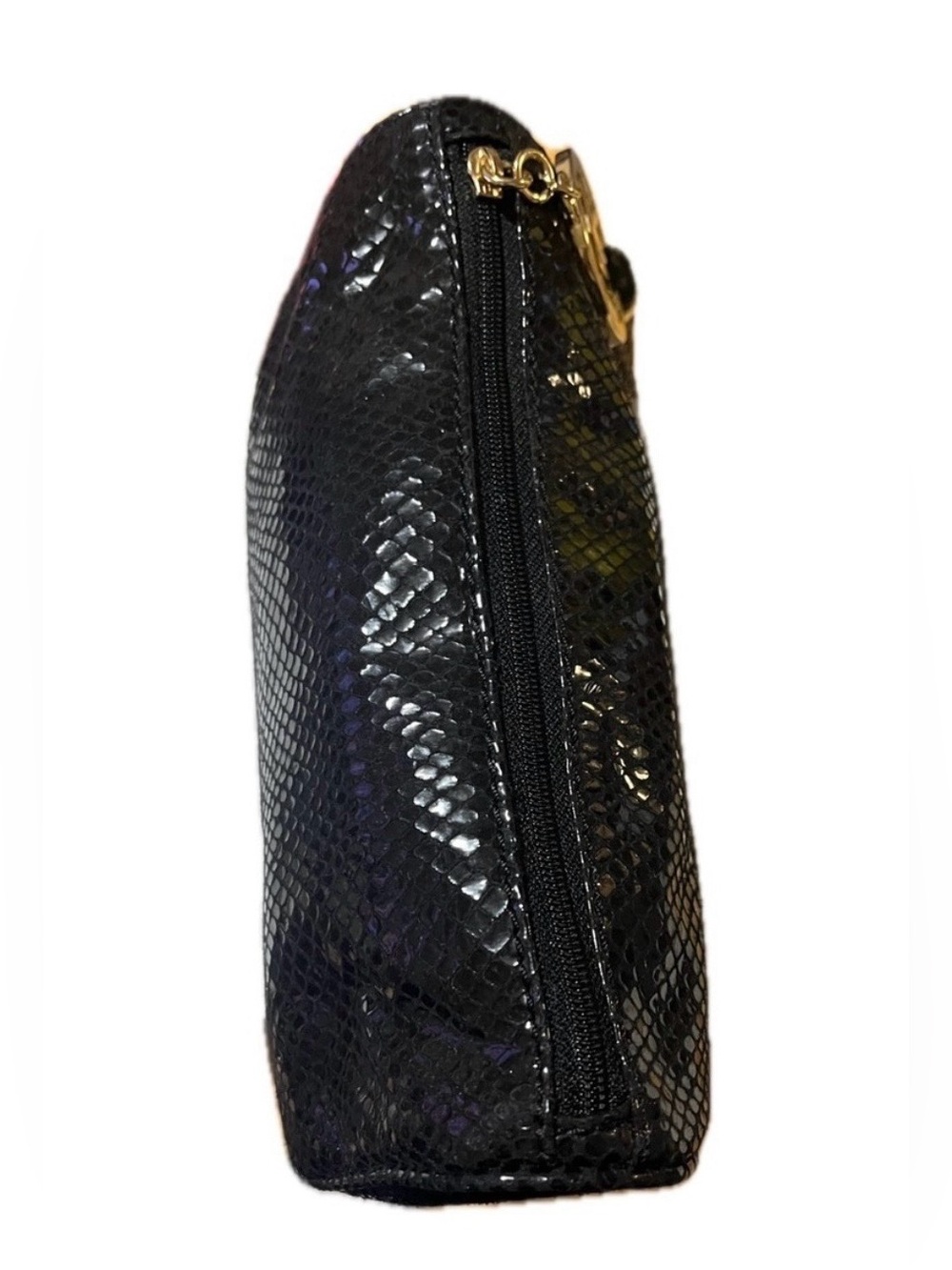 Michael Kors Black Snake-Embossed Leather Cosmetic Pouch w Gold MK Tassel EUC - Picture 11 of 15